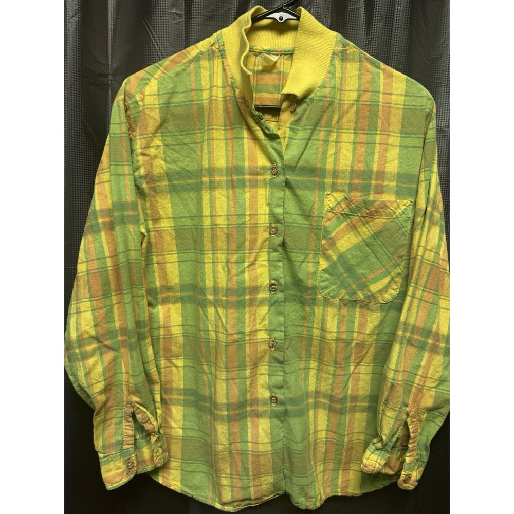 Vintage 70s Lightweight Yellow Green Plaid Ribbed Bomber Style Collar Botton Up